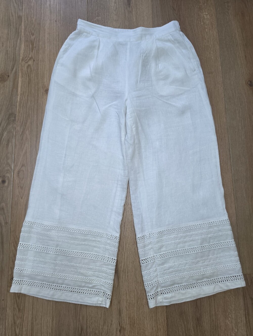 Elie Tahari White Linen Crop Pants Wide Leg Lace Trim Resort Coastal Size M - Picture 2 of 6